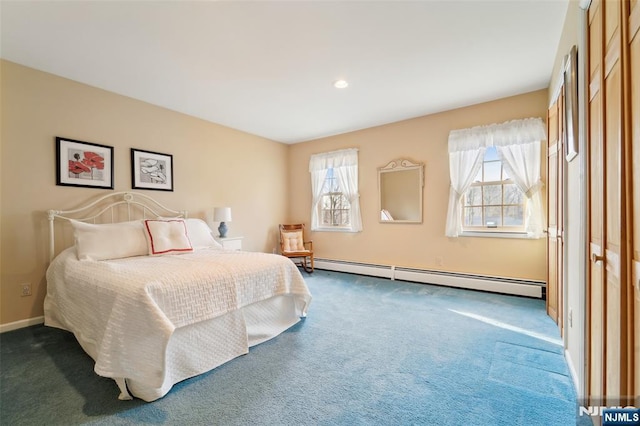 bedroom with dark colored carpet, a baseboard radiator, baseboards, and recessed lighting