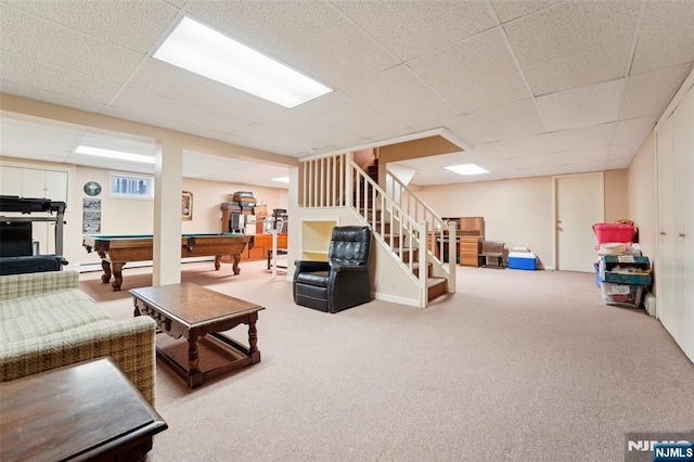 living area with pool table, stairway, a paneled ceiling, and carpet floors