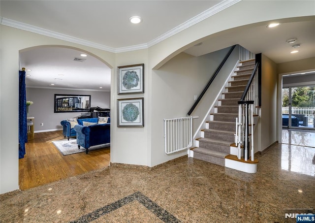 foyer entrance with recessed lighting, granite finish floor, visible vents, baseboards, and crown molding