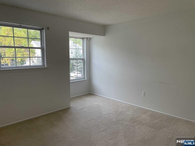 unfurnished room featuring a textured ceiling, baseboards, light colored carpet, and a healthy amount of sunlight