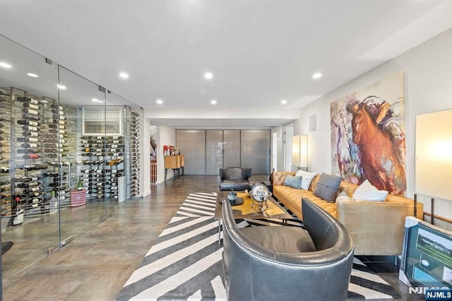 living room with concrete floors