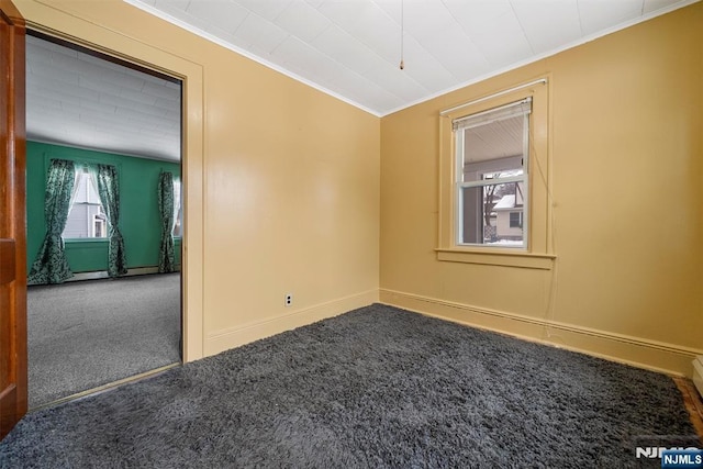 spare room featuring crown molding and carpet floors