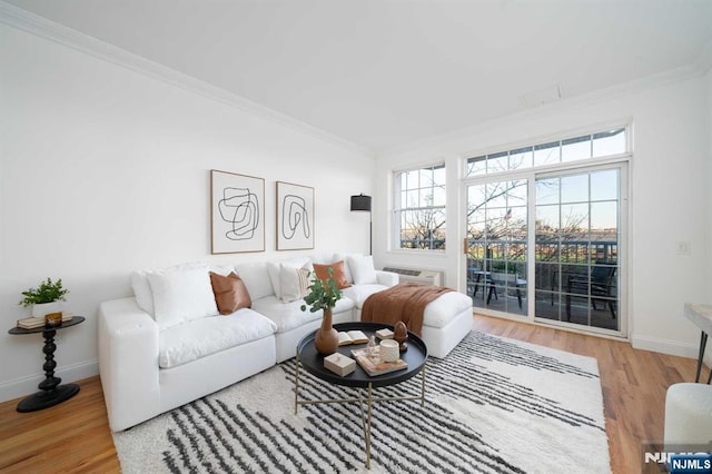 living room with crown molding and light wood-type flooring