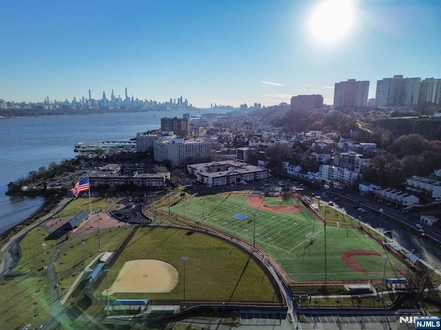 aerial view featuring a water view