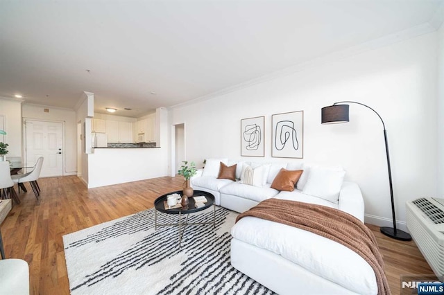 living room featuring hardwood / wood-style floors and ornamental molding