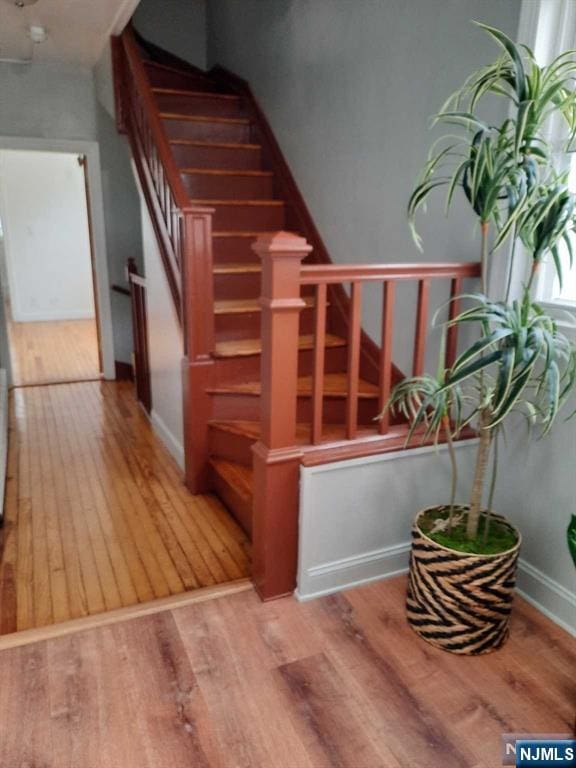 stairs featuring hardwood / wood-style floors