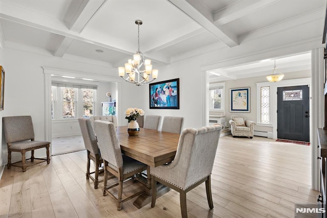 dining room featuring light wood-style floors, a baseboard radiator, coffered ceiling, and beamed ceiling