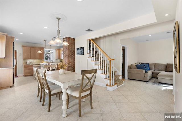 dining room featuring light tile patterned floors, recessed lighting, visible vents, stairway, and baseboards