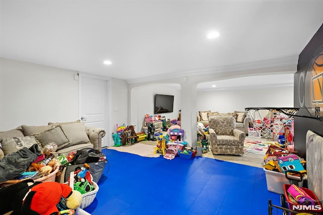 game room with recessed lighting and wood finished floors