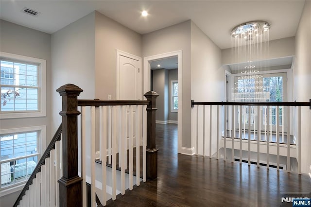 hall with an inviting chandelier and dark hardwood / wood-style flooring