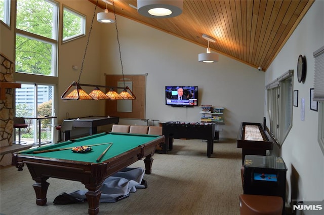 recreation room featuring billiards, high vaulted ceiling, wooden ceiling, and carpet flooring