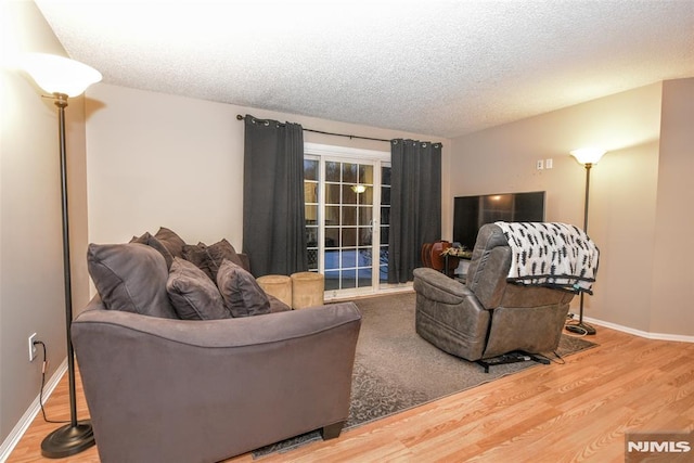 living room featuring hardwood / wood-style flooring and a textured ceiling