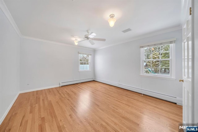 empty room featuring ceiling fan, a baseboard radiator, light hardwood / wood-style floors, and ornamental molding