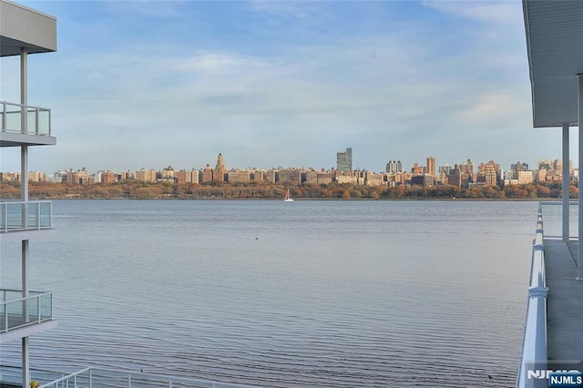 view of water feature with a city view