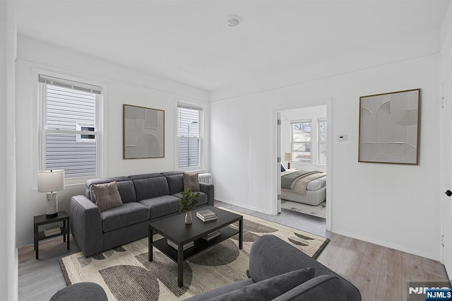 living room with a wealth of natural light and light hardwood / wood-style flooring