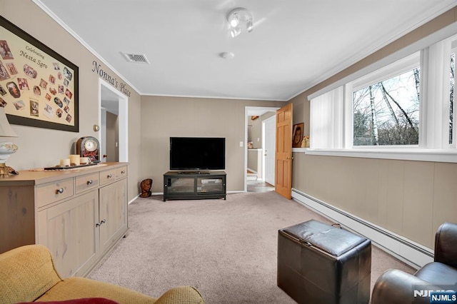 living area featuring a baseboard radiator, visible vents, crown molding, and light colored carpet