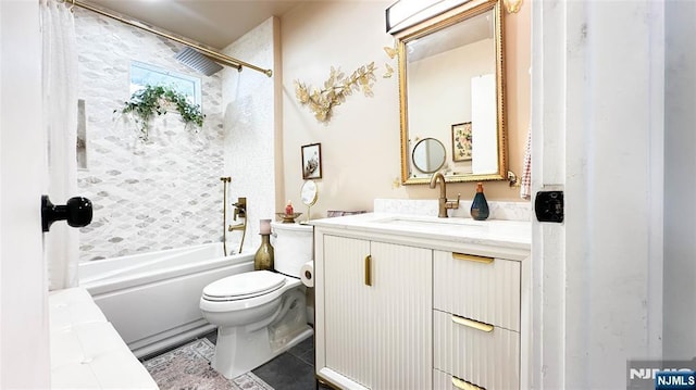 full bathroom featuring tiled shower / bath combo, vanity, tile patterned flooring, and toilet