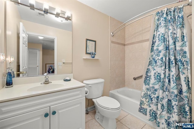 bathroom featuring visible vents, toilet, tile patterned flooring, shower / bathtub combination with curtain, and vanity