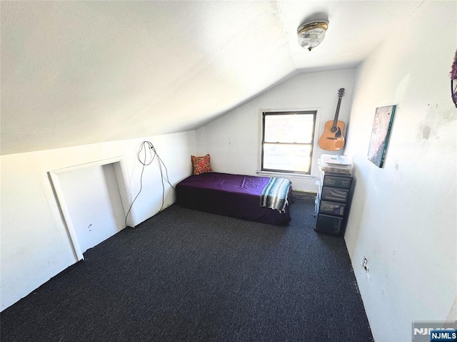 unfurnished bedroom with dark colored carpet and vaulted ceiling