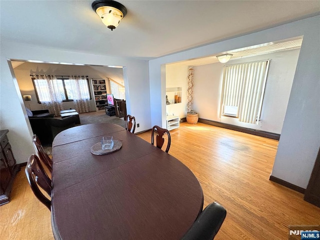 dining area featuring a baseboard radiator and light hardwood / wood-style flooring