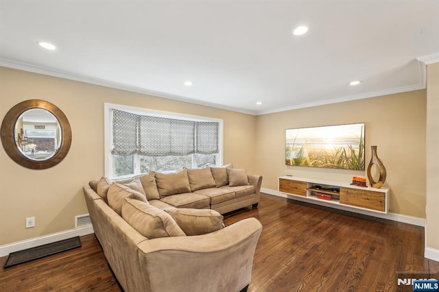 living room featuring crown molding, baseboards, dark wood-type flooring, and recessed lighting