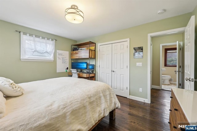 bedroom featuring a closet, multiple windows, baseboards, and dark wood-style flooring