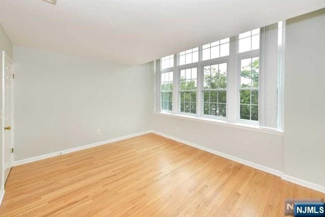 spare room with baseboards and light wood finished floors