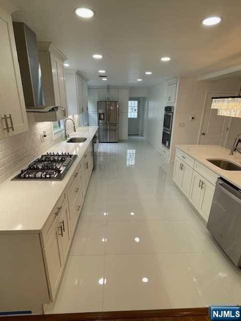 kitchen with white cabinetry, stainless steel appliances, wall chimney exhaust hood, and sink