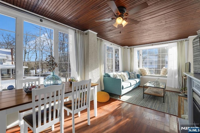 sunroom featuring wooden ceiling and ceiling fan