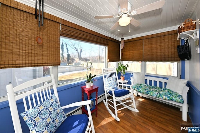 sunroom / solarium featuring a ceiling fan