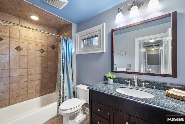 full bath with visible vents, shower / bathtub combination with curtain, toilet, vanity, and tile patterned flooring