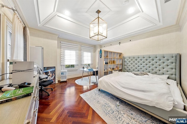 bedroom featuring a tray ceiling, ornamental molding, dark parquet floors, and a notable chandelier