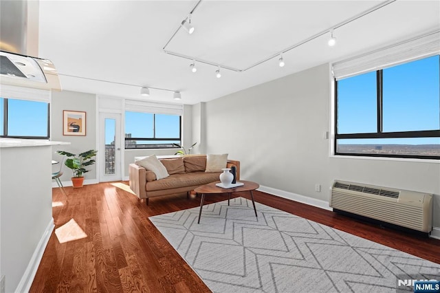 living room featuring an AC wall unit, rail lighting, and wood-type flooring