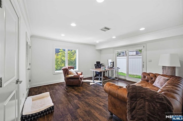 living room featuring ornamental molding and dark wood-type flooring