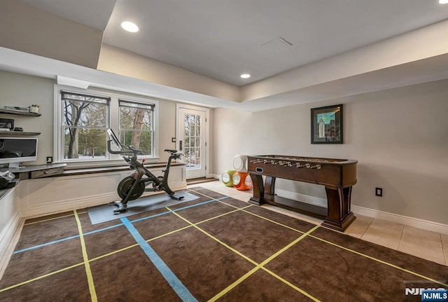 game room with baseboards, tile patterned floors, and recessed lighting