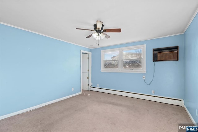 unfurnished room with a baseboard heating unit, light carpet, crown molding, and ceiling fan