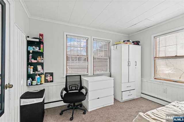 interior space featuring crown molding, light carpet, and a baseboard radiator