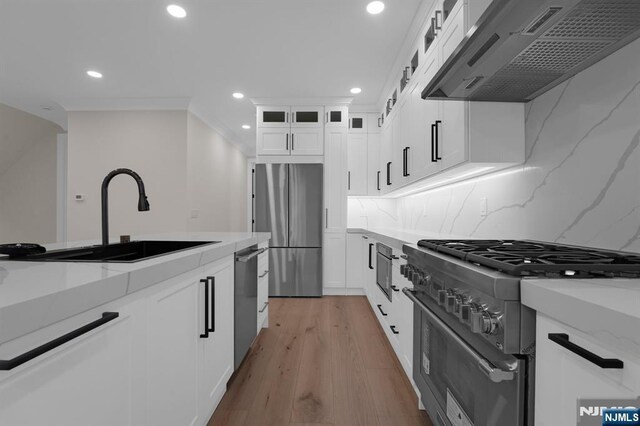 kitchen with stainless steel appliances, light stone countertops, white cabinets, ventilation hood, and sink