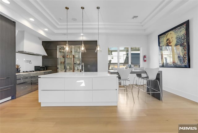 kitchen with a raised ceiling, modern cabinets, decorative light fixtures, a kitchen island with sink, and light countertops