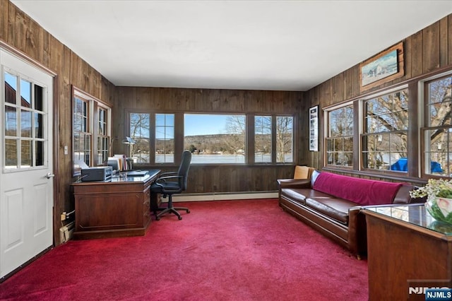 home office with carpet floors, wood walls, and baseboard heating