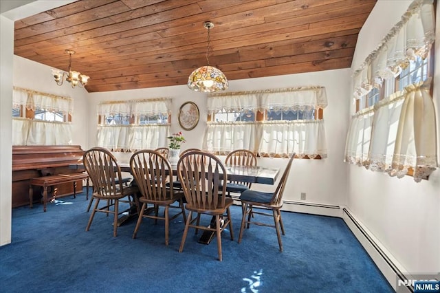 dining area with lofted ceiling, wooden ceiling, a baseboard heating unit, dark carpet, and a notable chandelier