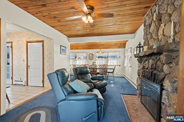 living area featuring wood ceiling, a ceiling fan, baseboard heating, and carpet flooring