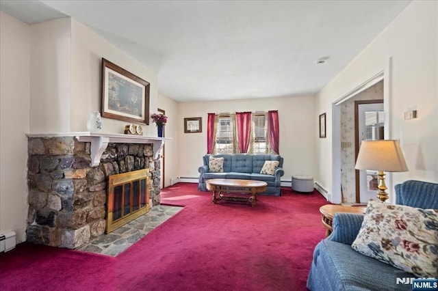 carpeted living room with a baseboard radiator, a fireplace, and baseboard heating