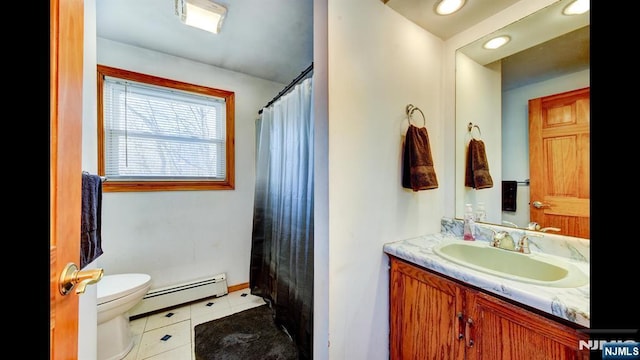 full bath with toilet, tile patterned floors, curtained shower, baseboard heating, and vanity