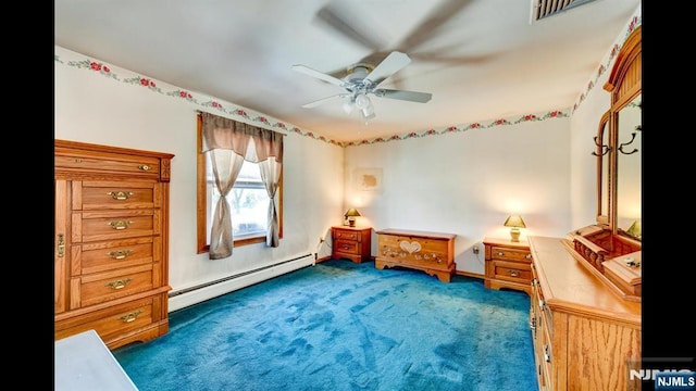 bedroom with visible vents, a baseboard heating unit, dark colored carpet, and a ceiling fan