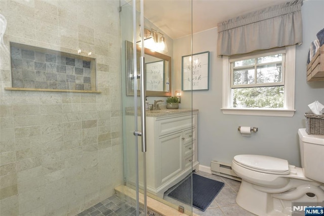 full bath featuring tile patterned floors, toilet, a stall shower, a baseboard radiator, and vanity