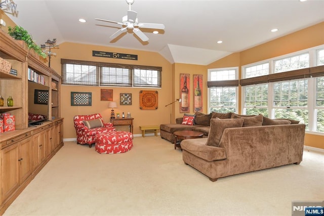 living room with recessed lighting, baseboards, light carpet, and vaulted ceiling