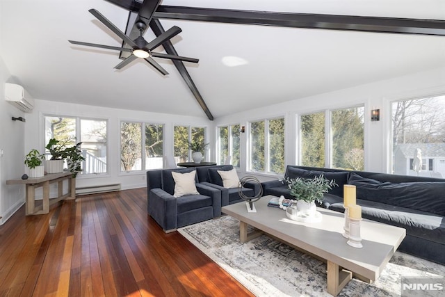 living area featuring plenty of natural light, a wall unit AC, dark wood-style floors, vaulted ceiling with beams, and a baseboard heating unit