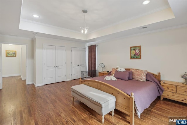 bedroom featuring wood-type flooring, multiple closets, a tray ceiling, and ornamental molding