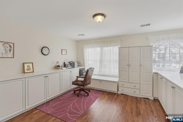 office space featuring built in desk, dark hardwood / wood-style floors, and a wealth of natural light